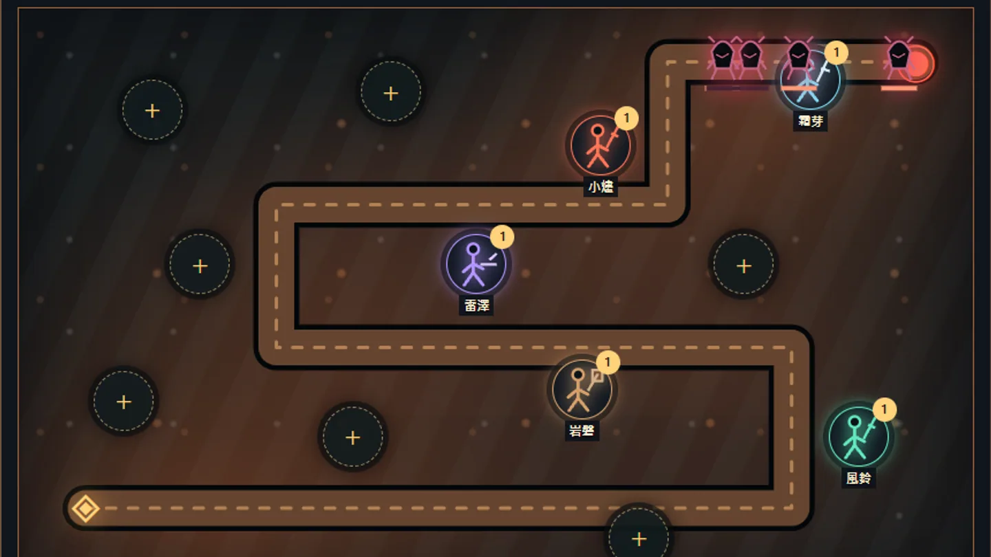 Heroes defending a winding path in Emberline