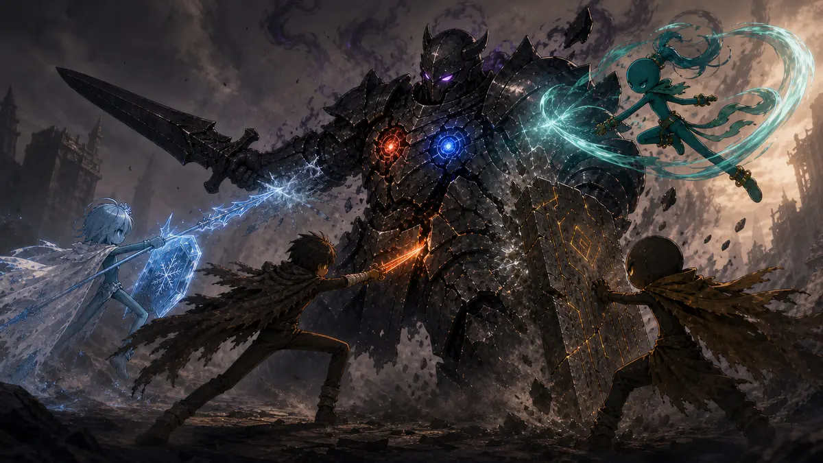 Xiao Jin and his ice, wind, and earth companions shatter the dark armor